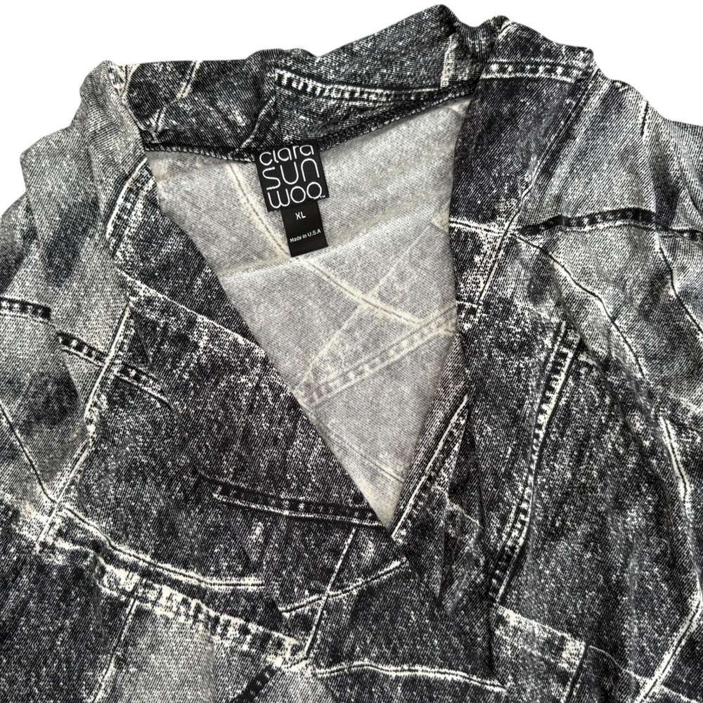 Clara SunWoo Black Gray Acid Wash Faux Denim Wrap Top Size‎ XL Long Sleeve Edgy - Picture 2 of 9